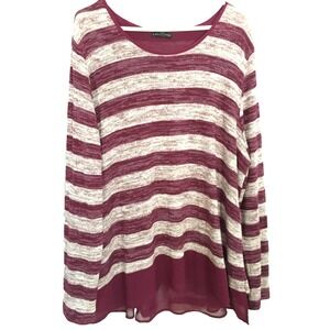 Lane‎ Bryant Sweater Womens 22/24 Burgundy Gray Stripe Chiffon Hem Long Sleeve
